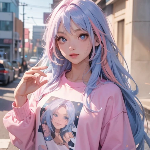  Young ,  long multicolored hair , blue hair, Pink hair wearing white t-shirt  , Sweatshirt looking at the spectator (  best quality, detailed, realistic)