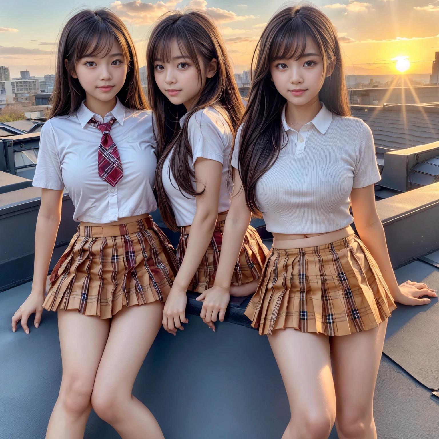 Browsing Caution, ((masterpiece)), ((Highest quality)), (Very detailedな), ((cute)), cute, (Multi-point), ((sexy)), (device), ((Very detailed)), 4K, (8k), Highest quality, (beautiful), hyper cute face, shape, Anime Style,hyper Genuineistic, Genuine, Dynamic Angle, ((whole body)), close, Thick outline, Clear contours, at school, (Three Girls, 3 cute girls:1.5), (Schoolgirl Uniform :1.5), beautiful light brown hair, beautiful brown eyes, ((beautiful eyes)), (Sitting on the train), (Under the skirt:1.5), Long Hair, Big Breasts, smile