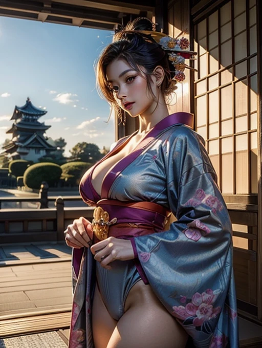 (Top quality, Ukiyo-e style, Mystery, Exquisite and beautiful, Official art), (Photorealistic: 1.2), (Sharp focus,), (One girl), (Fractal art: 1.3), Cowboy shot, Fair skin, Skin unevenness, Real skin, (Alluring, Sexy, Erotic,), Beautiful curves, Beautiful face, Detailed and perfect face, Slim figure, Toned body, Perfect proportions, Huge breasts, Thin waist, Navel, Wide hips, Gap between legs, Sexy thighs, Dynamic pose, (Beautiful chestnut hair, Kimono: 1.2), (Vivid kimono), Japanese traditional art background, Colorful, (Reel, Belongs to Japanese style: 1.2), Glowing skin, Spreading legs, Showing thighs, Camel toe, Japanese style,