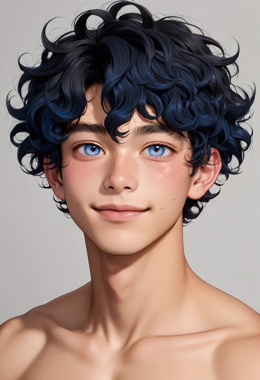  Create the image of a 19-year-old boy with fair skin in a nude tone,  short black hair in a Korean perm cut ,  very blue eyes ,  not so round , half-closed ,  dark blue shirt to highlight his skin tone and eyes , um sorriso sarcastic,  almost mocked .  He is a spirited boy , athlete,  with dimples on his cheeks subtly ruffled .  He has no fur marks on his face .  he is an extrovert , sarcastic,  ironic and brownish .  Like a rebellious teenager .