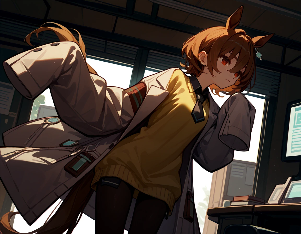 agnes tachyon, horse ears, horse tail,labcoat, sleeves past fingers, yellow sweater, black necktie, pantyhose, single earring