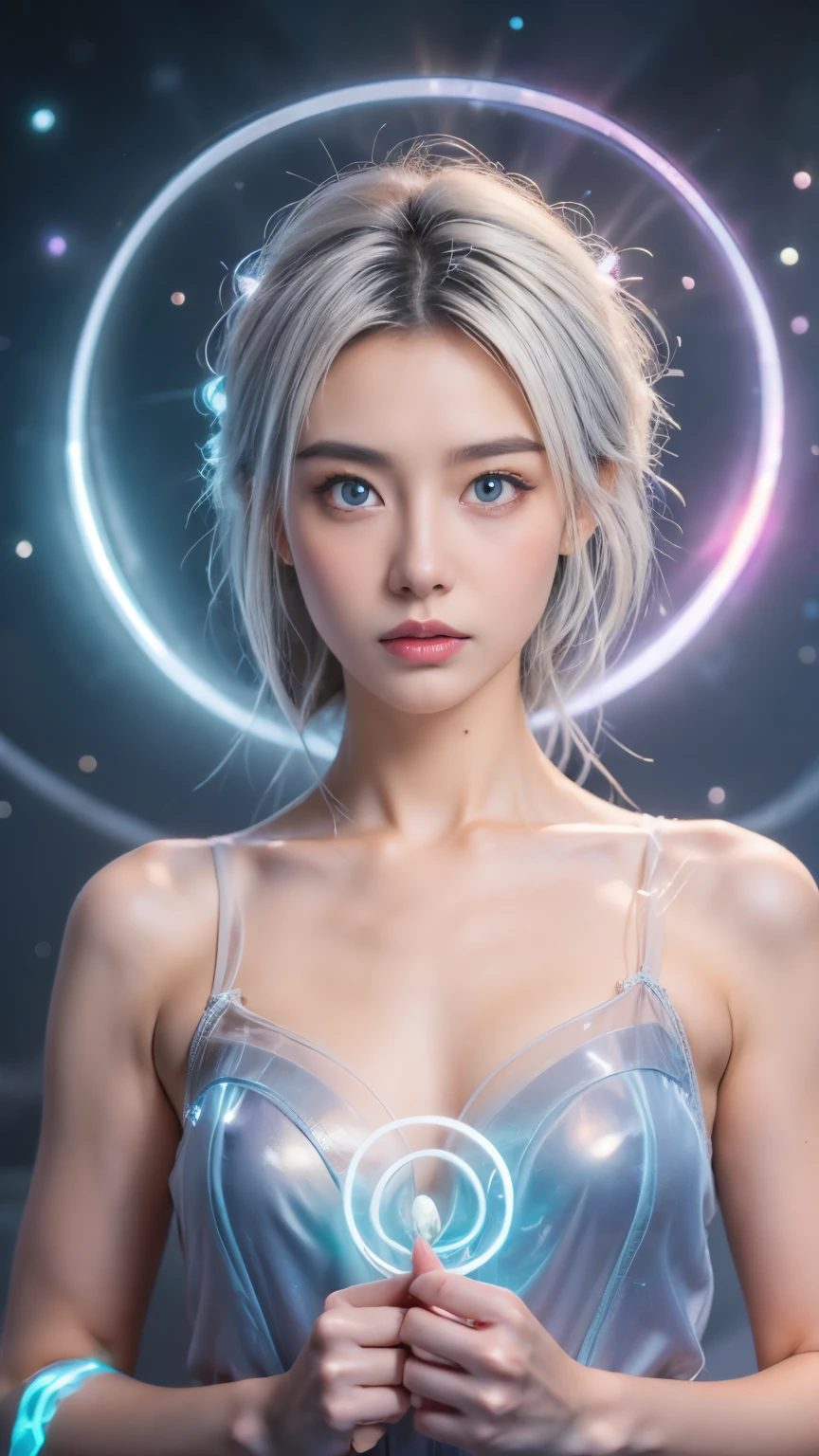 (upper body)), best quality, masterpiece, a Japanese woman with ((Luminescence white hair)), ((detailed pearl blue eye)), high detailed goddess soul, focus on character, solo, (style swirl magic), solo, from front, front view, looking at viewer, detailed face, ((Luminescence Lighting Magic Circle theme)), perched on a ledge, tight neon body, light streaks, dark abyssal wanderer abstract, ((Simple Luminescence Neon Gown)), inscribed with mystical runes, outdoor dystopian background