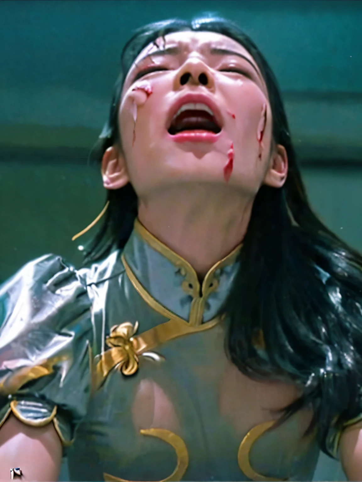 long hair, Silver Costume, girl seen from above , Unconscious , closes the eye, 、 it accurately depicts the face screaming after being hit by a powerful attack, Anguished expression , In agony, injury, Bleeding, accurately depicts every detail of her costume , With the masterpiece in the background , high image quality, profile, カメラアングルはUnconsciousの , feeling tired , Loose, Torn服, Torn, sweat, Leo Chira