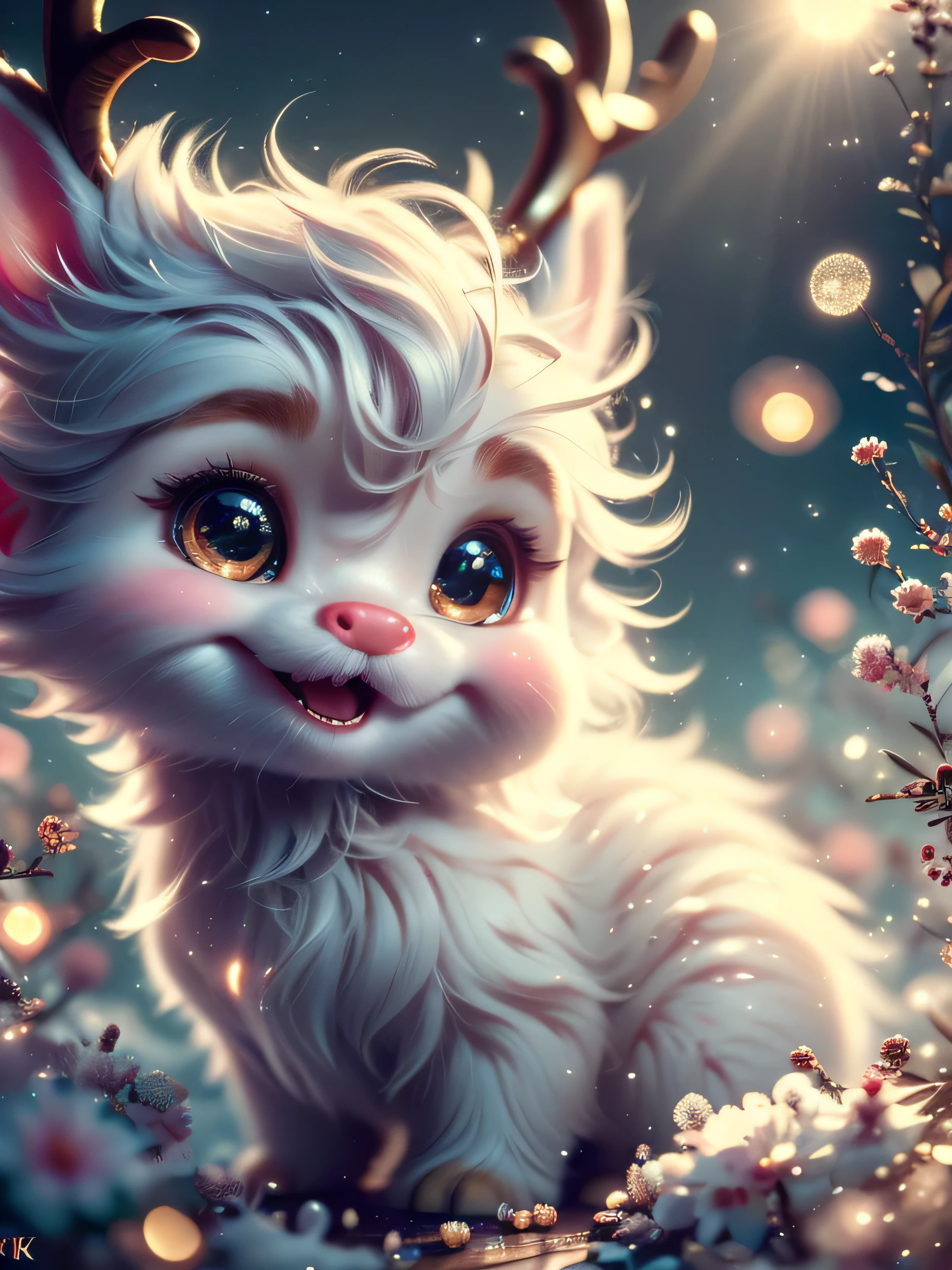 Magical Fantasy Creature, (Best Quality, Masterpiece, Representative Work, Official Art, Professional, Super Detailed, 8k:1.3), (Photorealism:1.2) Super Cute, Big Eyes, Soft, Soft Nose, Fluffy, Double-Toothed Smile, Aurorastyle, Highly detailed Dynamic shot of majestic adorable baby reindeer, high quality, beautiful masterpiece, fantasy creature, kawaii, digital art, glowing sparkles, Realistic, Beautiful, Stars in Eyes, Soft Volumetric Light, (Backlight:1.3), (Cinematic:1.2), Intricate Details, (ArtStation:1.3), --auto --s2