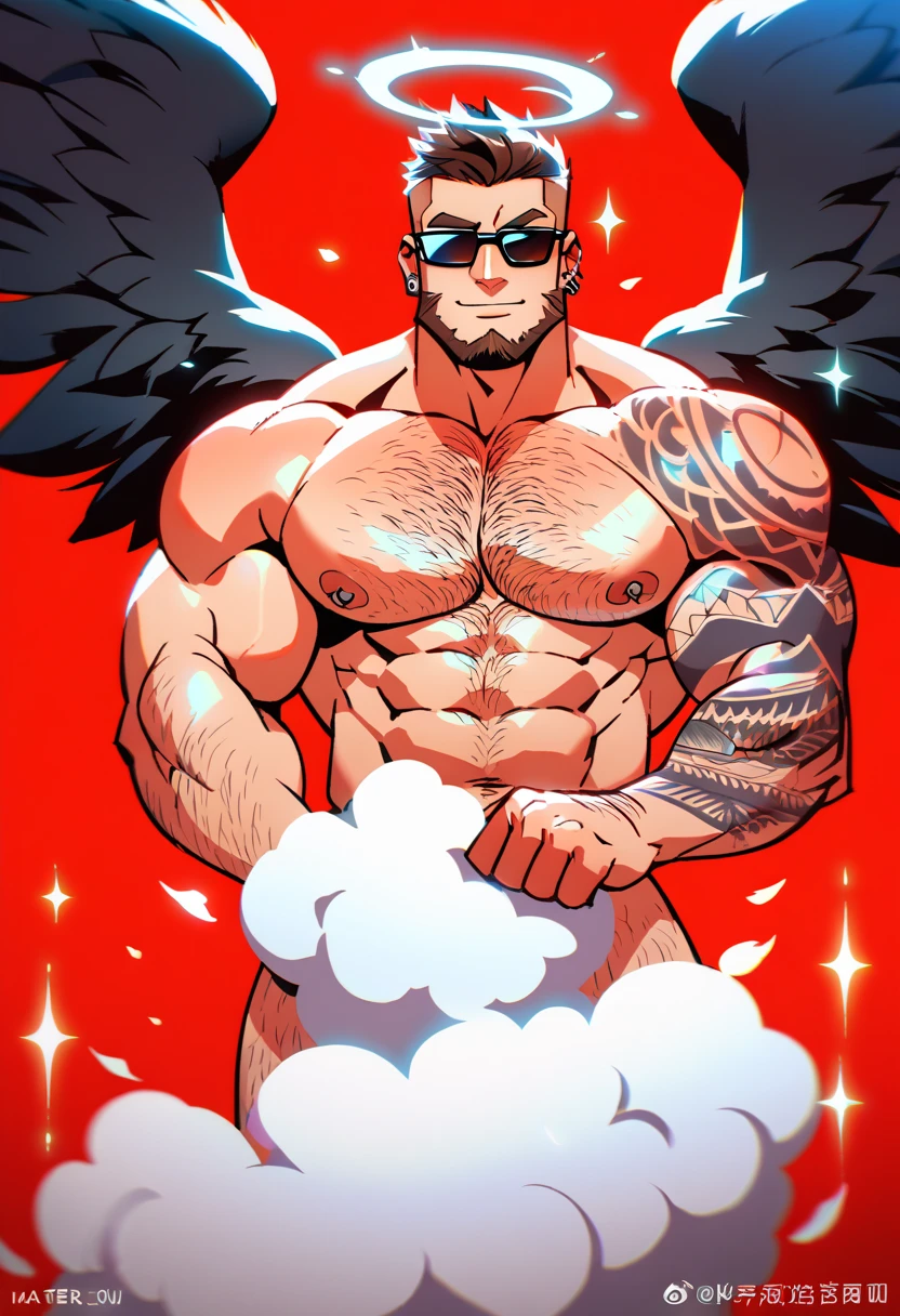 a bearded tattooed muscle cowboy with angel black wings posing naked, nsfw, muscular man, perfect anatomy, balanced anatomy, hairy, big chest, bdsm costume, black cowboy hat, sunglasses, big penis, handsome, lewd expression, muscular, short haircut, bearded, brown hair, piercings, angel black wings, red background, high resolution, high quality, masterpiece.