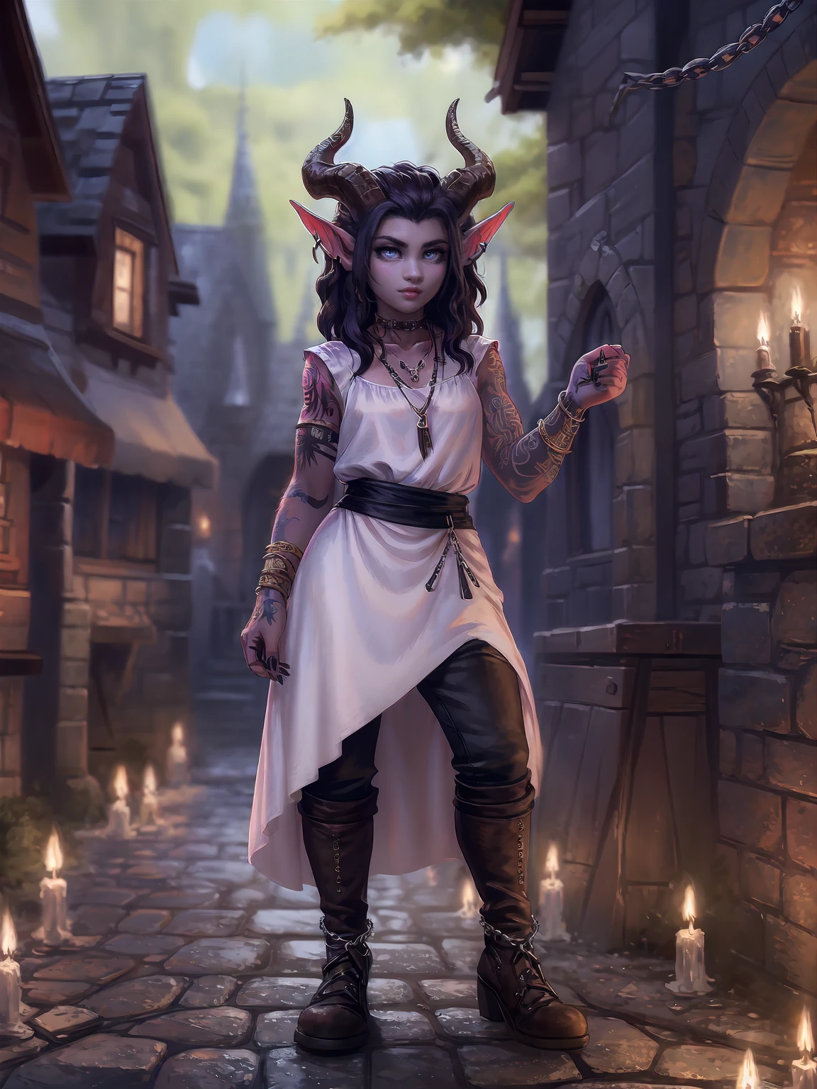 ((( beautiful ,  high quality))),  full-length portrait , score_9, score_8_up, score_7_up, A tiefling, pointed ears, (very small tiny horns), Black hair up to the neck  .  You can see a small chain tattoo on the arm.  stained sclera,  1girl,  white shirt, fantasy background, blurred background. Full-length portrait . ((chain tattoo on the arm)).  medieval clothing . 