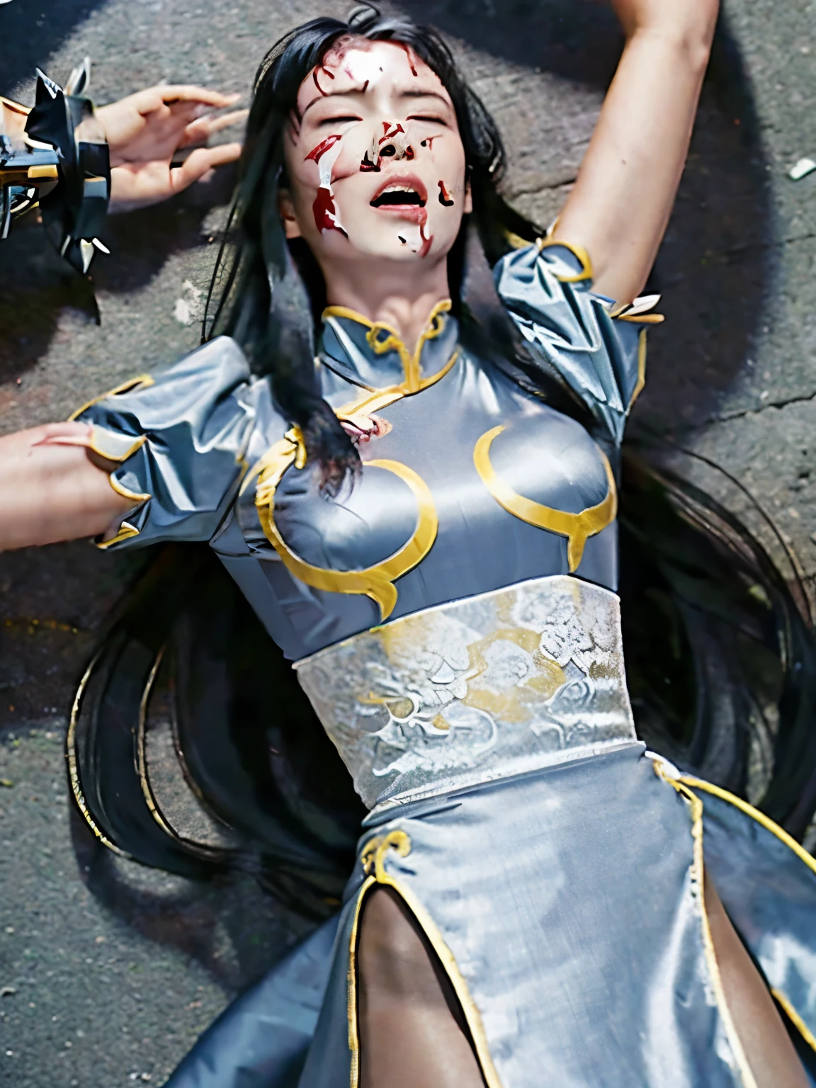 long hair, Silver Costume, girl seen from above , Unconscious , closes the eye, 、 it accurately depicts the face screaming after being hit by a powerful attack, Anguished expression , In agony, injury, Bleeding, accurately depicts every detail of her costume , With the masterpiece in the background , high image quality, profile, カメラアングルはUnconsciousの , feeling tired , Loose, Torn服, Torn, sweat, Leo Chira