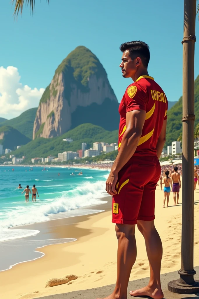 young, beautiful, elegant, white, skinny, elegant shirtless face standing, ,sin remera en la playa boxer Rojo white y azul playera y una bandera Paraguay que lleva mientras muchos publico le aplaude y celebra con muchas burbuja en su alrrededor pasarela masculina hombre guapo piel white