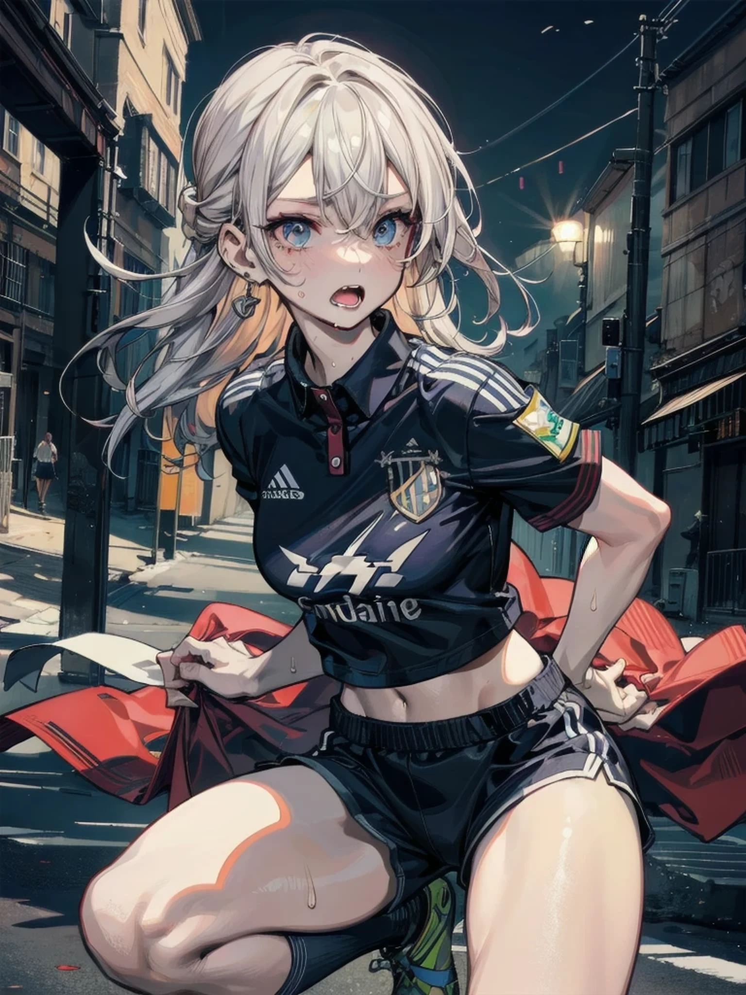 CG K ultrarrealista ,((de primera calidad、8k、32K、Obra maestra、nffsw:1.3)), (superfine illustration)、(super high resolution), (((cuerpo adulto))), (((1 chica en))), ((( bob de pelo corto ))), 25 year old cyberpunk gladiator with perfect body, Hombreras con espinas de metal., Gladiadores in Brooklyn, (( bob de pelo corto )), Camiseta del equipo de rugby rota, Casi desnudo al estilo urbano salvaje de Simon Bisley, pelo rubio corto, ropa minima, Metallic protection on the left arm with complex graphics..., Rojo oscuro con estrellas blancas y rayas azules y blancas., armadura, Lleno de puntas y remaches., Tatuaje de veneno (((Imagen desde la rodilla hacia arriba))), pelo rubio blanco corto, En el fondo、 There is a wall with an intricate design painted by Shepard Fairey...