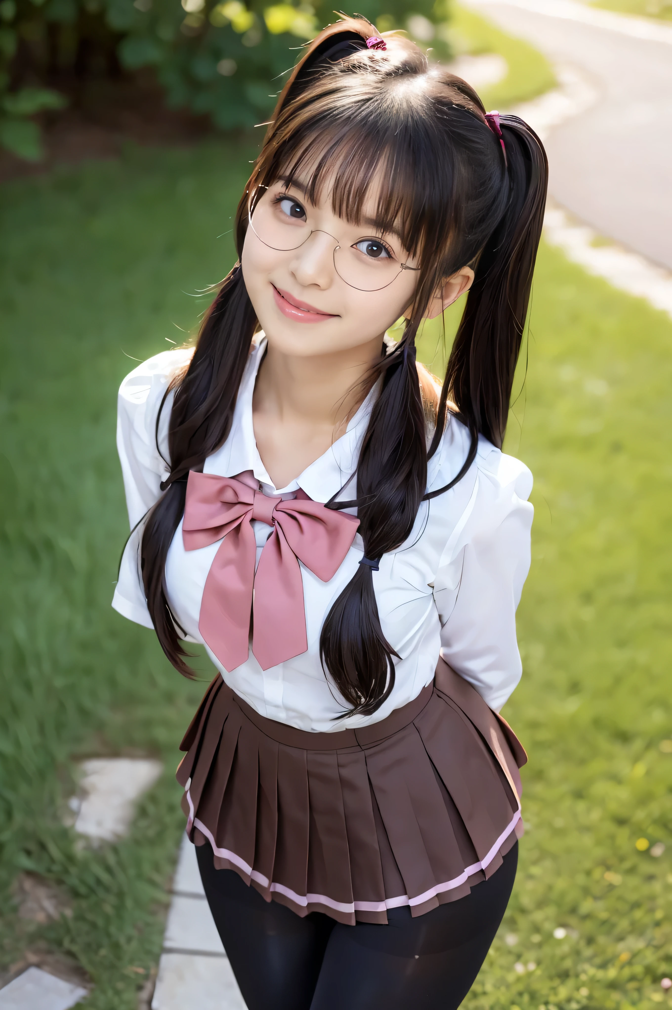 (Best Quality,4K,High resolution:1.2), Ultra-detailed, Realistic portrait, Best Quality, (outside japanese high school), (passionate scene),one very young looking high school girl, (intense emotion), (innocent look, pink ,white and black school uniform), ((cute face, standing, showing full body)), (perfect long legs, high waist mini pleated skirt, tight shirt), large brown eyes, long black hair, pigtails, cute smile, rose cheeks, muscular abs tiny body, tiny waist, large bows and ribbons in hair, (large round black rimmed glasses), ((tights))