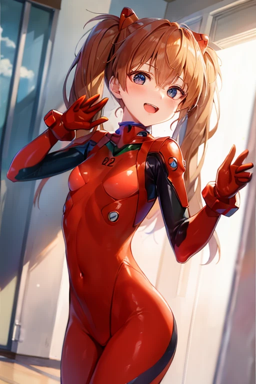 (( top quality)), ((masterpiece)), (be familiar with),  perfect face, indoor, bedroom,  viewer,
One woman,  Soryu Asuka Langley,
 open mouth,  ecstatic expression with hands in front of body, blush, smile,
 small tits,  flat chested, Young girl, Lori,  s,  girl,
 long hair,  twin tails,
Leg spread,