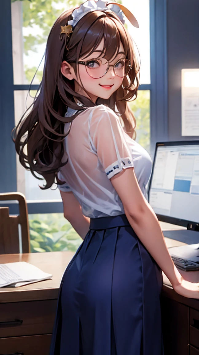  woman with glasses showing her butt、See-through underwear、Anis 、 long hair、 office、night、 shy smile、（blue: Sheer Skirt Maid Outfit、micro length skirt )、I have a vibrator in my butt