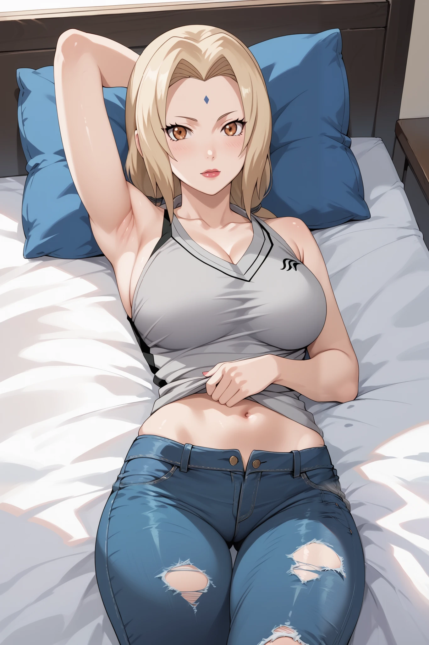 Masterpiece,high quality ,4k,((plain silver baground)),solo,1 girl ,tsunade senju,fullbody,large breasts,slim body,beauty legs,blue ripped jeans,grey kimono,sleeveless,white sock,looking at viewers ,lying on the bed