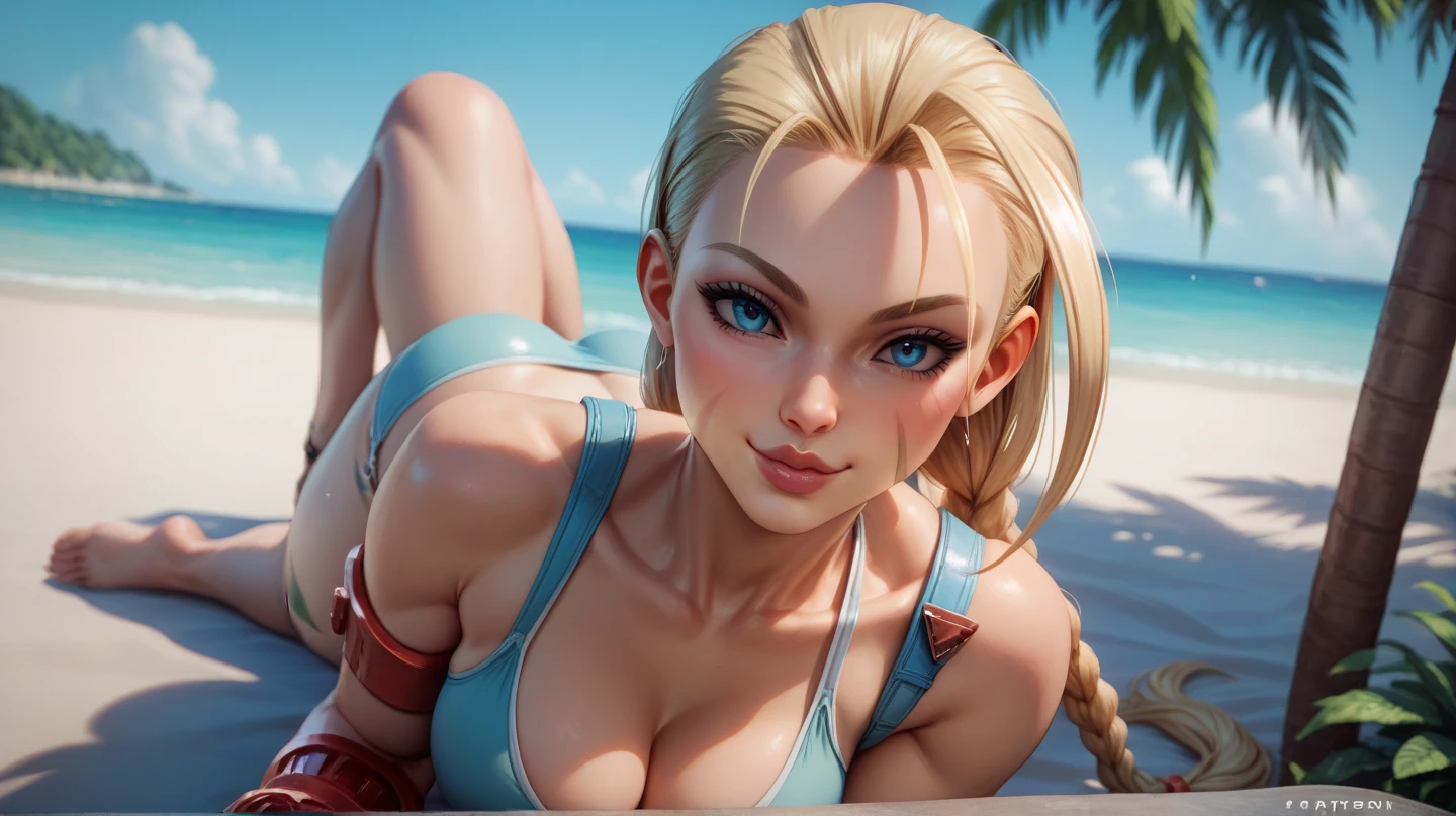 Cammy White on the beach in a well-behaved yet sexy pose with her beautiful cute and attractive smile