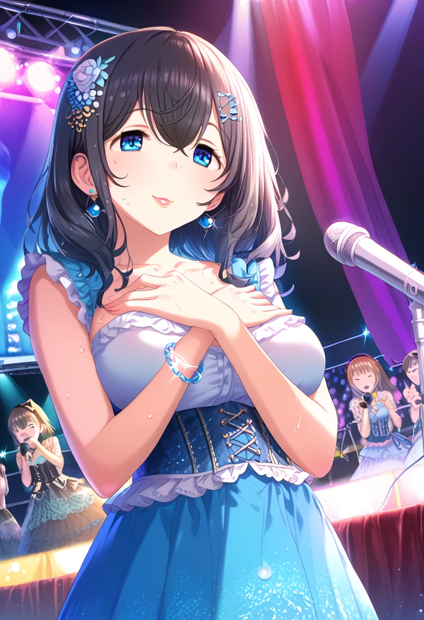  score_9,  score_8_up,  score_7_up,  source_Anime,evaluation_ objectionable ,  1 girl ,  cute woman, Alone,  IDOL CONCERT ,upper body, Kneel,,Imitation of a dick,(Place your arms over your chest:1.2),Chest Press,Grab your chest with both elbows,  stage,  colorful ,  sgswfmk,  long hair,  brown hair,  black hair , bangs,  hair between eyes ,  blue eyes,Highly detailed faces, ( huge breasts:1.3),  white hair band,  hair ornament ,  dress,( clevis:1.2), microphone between  clevis, corset, Bubble Skirt,  knee-high,  boots, smile,sweat,lipstick,  very detailed eyes,  eyelash ,  eyeliner , gem,  Necklaces ,  bracelet ,  earrings for a woman alone, Exposed Boobs 