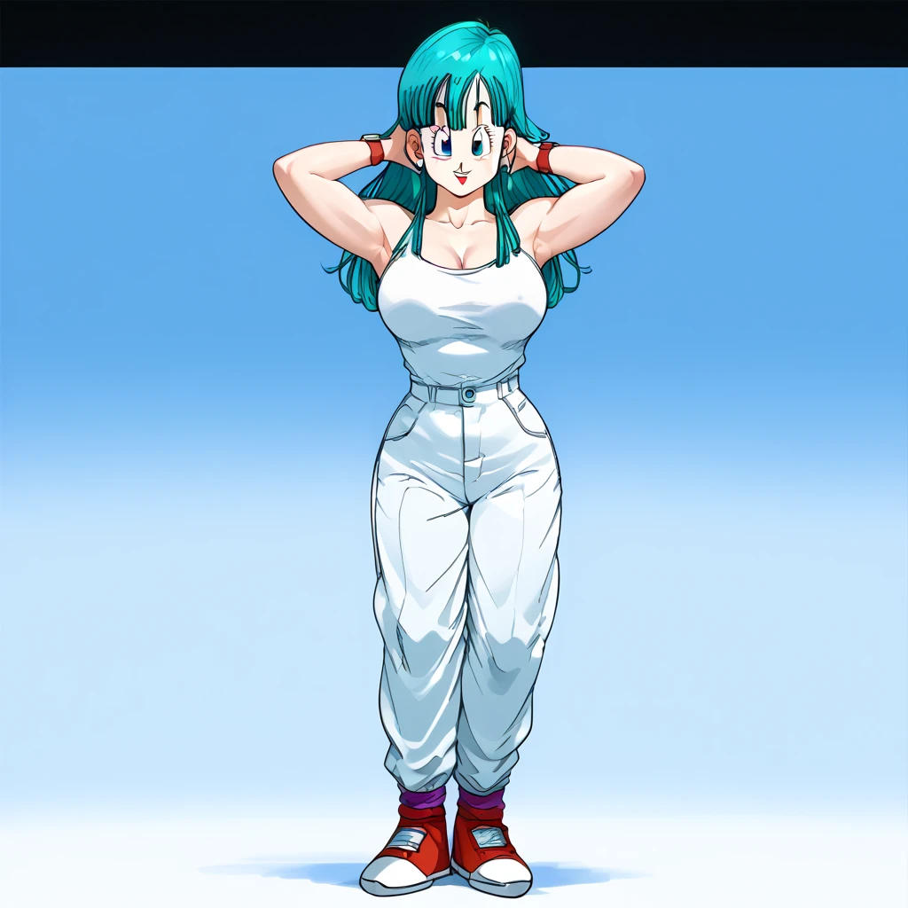 Bulma,( dragon ball\), long hair, Aqua Hair, blue eyes wristwatch, white tank top,   bare shoulders, clavicle,   inner room  ,  big breasts and big butt ,  raising arms to the sides, armpit, full body, sexy