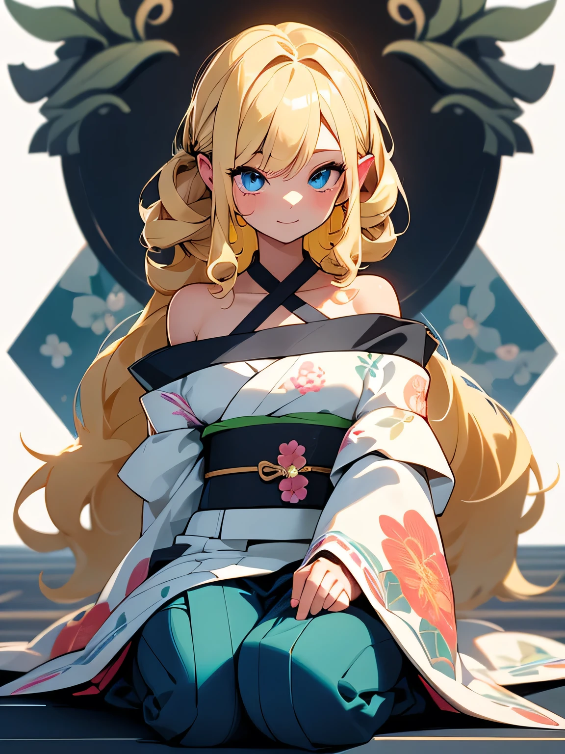 ((Highest quality)), ((masterpiece)), (Familiar), Lusamine,thin,Long blonde hair,Small breasts,Small breasts,Erect nipples,Adult female,Green Eyes,Slanted Eyes,kimono,華麗な赤いkimono,Gold embroidery,hairpin,Captivating smile
