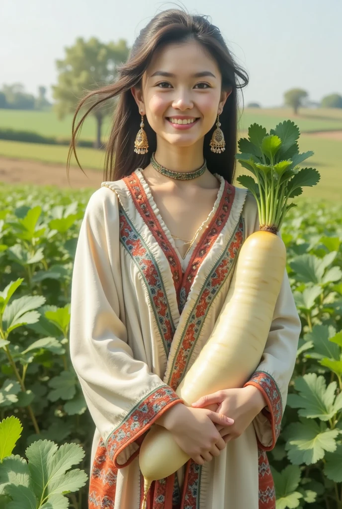 Beautiful Crimean Tatar girl with a daikon, an enormous smile, intricately woven bohemian-style clothing and multiple accessories, At the farm.