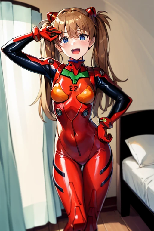 (( top quality)), ((masterpiece)), (be familiar with),  perfect face, indoor, bedroom,  viewer,
One woman,  Soryu Asuka Langley,
 open mouth,  ecstatic expression with hands in front of body, blush, smile,
 small tits,  flat chested, Young girl, Lori,  s,  girl,
 long hair,  twin tails,
Leg spread,