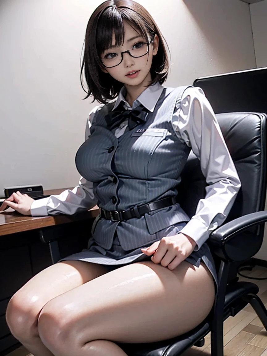 (NSFW:1.0) worms eye view, stunning sexy young female secretary, bob hair style waist-long straight hair with bangs, wearing glasses , open legs, sexy pose, tight office suit, sit in the desk, open legs, open button