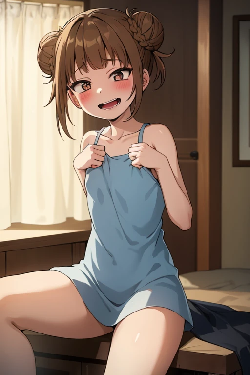 amamitsuki, nsfw, masterpiece, ponytail, 1 girl, erect nipples, intricately detailed, topless, navel, bare shoulders, necklace, erect nipples, puffy nipples, brown hair, dolphin shorts, window, bedroom, curtain, Blue sky, extremely detailed, cg masterpiece, bare breasts, nipples, green eyes, bare stomach, sweaty, small breasts, flat chests, arm strap, pale skin, smiling, flat colored, woodblock painting style