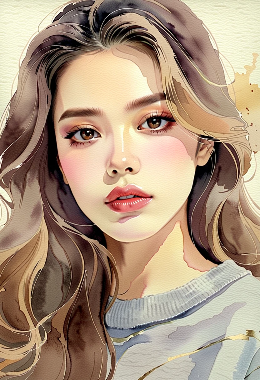 ((Watercolor:1.2))、Damaged Paper、Old style、Faded color、Thick Fog、composition、Golden Ratio、Functional、grace、 details、background、Soft colors、Blurred Lines、round face,  dark eyes,  elegant ,  plump lips , Elegant,  long hair, ４８talent,( heather gray （Blended sweater mixed with marbled ）Sweater), (lipstick:1.1), ( eyeliner :1.2), mascara,  eyeshadow,((ぼやけたbackground))