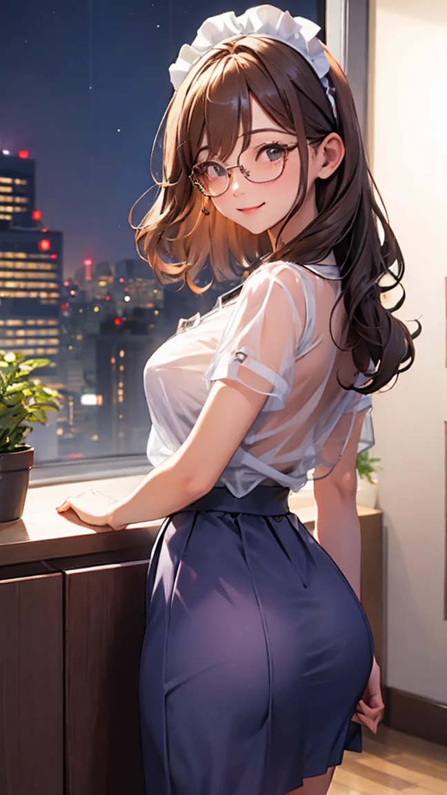  woman with glasses showing her butt、See-through underwear、Anis 、 long hair、 office、night、 shy smile、（blue: Sheer Skirt Maid Outfit、micro length skirt )、I have a vibrator in my butt