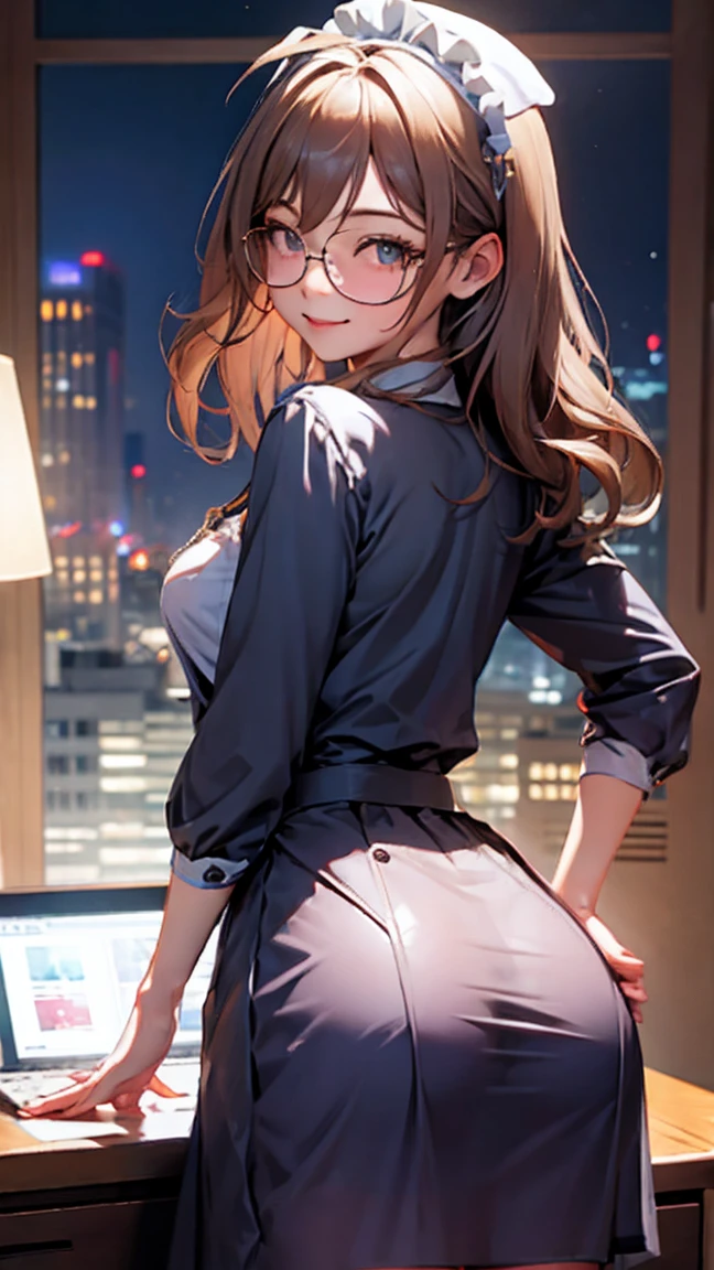  woman with glasses showing her butt、See-through underwear、Anis 、 long hair、 office、night、 shy smile、（blue: Sheer Skirt Maid Outfit、micro length skirt )、I have a vibrator in my butt