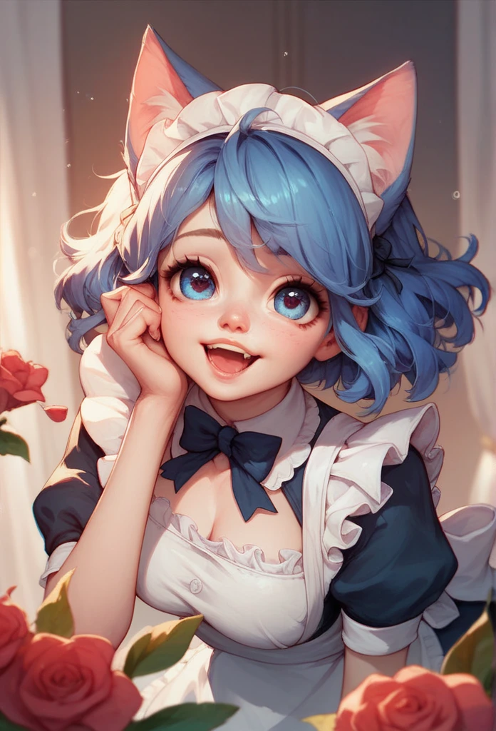 Girl cute, Beautiful eyes blue,hair white long wavy messy,face happy,maid clothe,cute ears cat white 