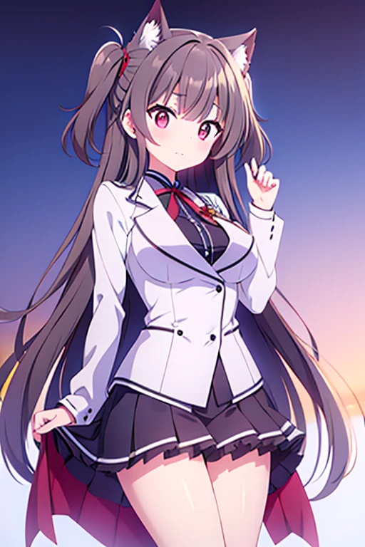  long black haired girl，double button grey uniform， miniskirt suit ， big red ribbon