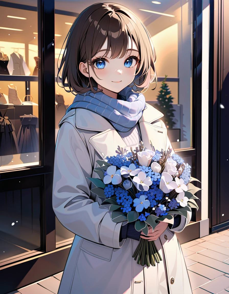 (In 8K, Best Quality, Master Piece: 1.2), Ultra High Resolution,1 girl,solo,16yo,ultra-detailed face,detailed eyes,opal eyes,short hair,brown hair,holding bouquet of winter flowers,holding Winter flower bouquet, Formal fashion,gray fur scarf,zip-up coat,skirt,cowboy shot,rim light,looking at the shop windowstanding in front of a shop window with clothes,from side,cute,cheerful smile,outdoors Department store