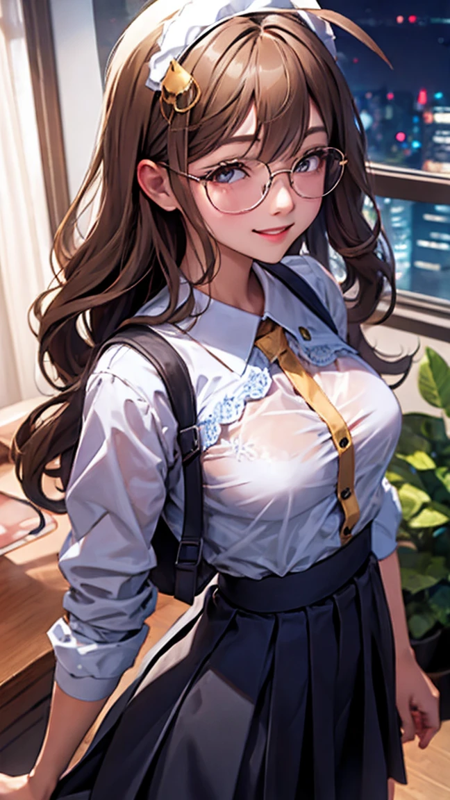  woman with glasses showing her butt、See-through underwear、Anis 、 long hair、 office、night、 shy smile、（blue: Sheer Skirt Maid Outfit、micro length skirt )、I have a vibrator in my butt