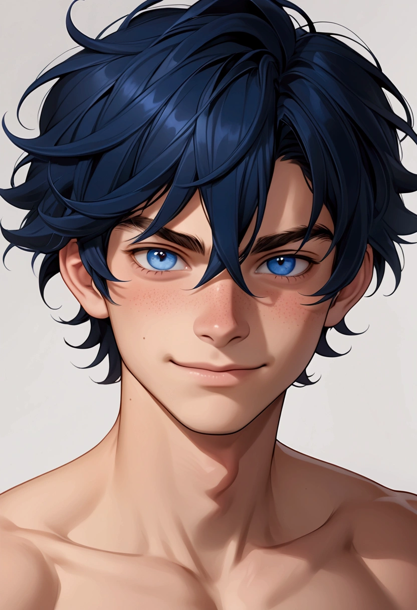  Create the image of a 19-year-old boy with fair skin in a nude tone, short black hair in a gradient cut,  very blue eyes ,  not so round , half-closed ,  dark blue shirt to highlight his skin tone and eyes , um sorriso sarcastic,  almost mocked .  He is a spirited boy , athlete,  with dimples on his cheeks subtly ruffled .  He has no fur marks on his face .  he is an extrovert , sarcastic,  ironic and brownish .  Like a rebellious teenager .