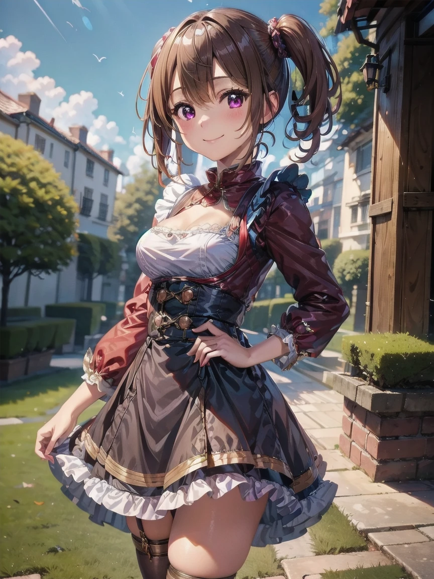  top quality、 high definition 、 one girl、grassland、Standing on the grass、Wearing a black and white maid outfit, Highly detailed faces、smile、 closed mouth ,Beautiful red eyes,  brown hair、smile, AMAZING PICTURES , Dramatic lighting, Absolute reference to the center、4Ｋ，8Ｋ,(Genuine、Genuine志向、写真Genuine志向:1.5）、 crystal sparkle 、Best Photos、 high definition 、超 high definition 、超 high definition の絵画、whole body、 purple eyes、 Cowboy Shots 、 Victorian Maid Outfit