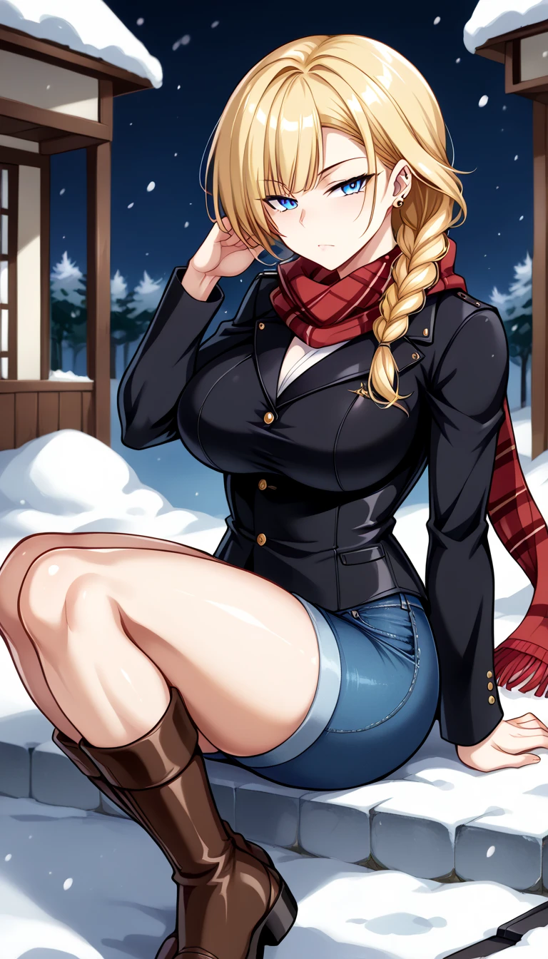 (beautiful face, beautiful blue eyes, detailed eyes, detailed face:1.3), mature woman, source_anime, 1 woman, solo, Lenna Brooklyn, succubus, long_hair, straight_hair, blonde_hair, blunt_bangs, braided_ponytail, braid_in_back, no_parted_bangs, female, (murderous_expression:1.5), mouth_closed, cold_stare, (piercing_and_half_closed_eyes:1.5), very_narrowed_eyes, (threatening_eyes:1.5), intense_gaze, emotionless_expression, slight_frown, eyes_almost_closed, focus_on_emotion, hostile_and_menacing_expression, dangerous_aura, (full_body_to_thighs:1.5), visible_breasts, large_breasts, soft_clothing_wrinkles, detailed_skin_texture, emotional_intensity, cold_and_distant_look, subtle_yet_menacing, focus_on_malice, expressionless_intensity, soft_highlights_on_face, light_reflections_on_eyes, (ominous_smile:0.5), (unfeeling_and_threatening_expression:1.5), slightly_lowered_eyebrow, neck_visible_with_strands_of_hair, (stoic_and_deadly_pose:1.4), intense_focus, (narrowed_and_suspicious_look:1.4), seductive_but_deadly_aura, visible_waist_and_thighs, seductive_and_dominant_presence, clothing_with_shadows, (cold_and_authoritative_presence:1.3), confident_pose, dominant_body_language, strong_shoulders, posture_emphasizing_power, blunt_straight_bangs, straight_long_hair_with_braid, braid_in_back, (hairstyle_as_in_image:1.5), (casual_winter_outfit:1.5), cozy_sweater, tight_jeans, winter_boots, scarf_wrapped_around_neck, (snowy_background:1.4), visible_snowfall, sitting_in_leather_chair, (casual_but_authoritative_pose:1.4), crossed_legs, indoor_winter_light, (cold_winter_day_theme:1.3), relaxed_yet_intimidating_presence, casual_but_dominant_attire, (sitting_confidently:1.4)
