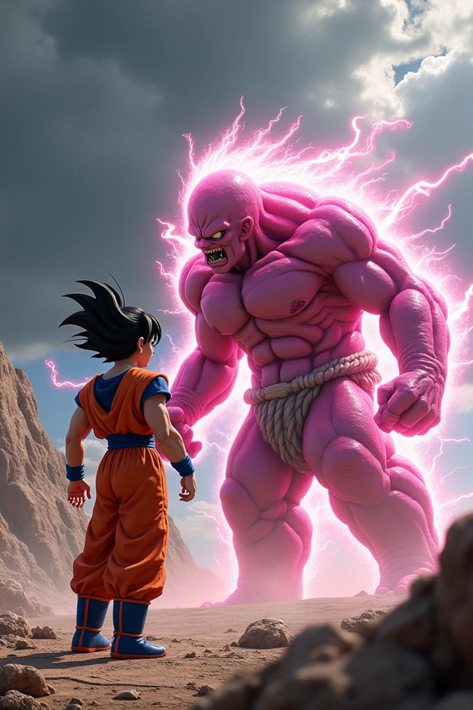Create an image that represents Goku from Dragon Ball fighting against Flash that has a huge belly and is in a realistic style