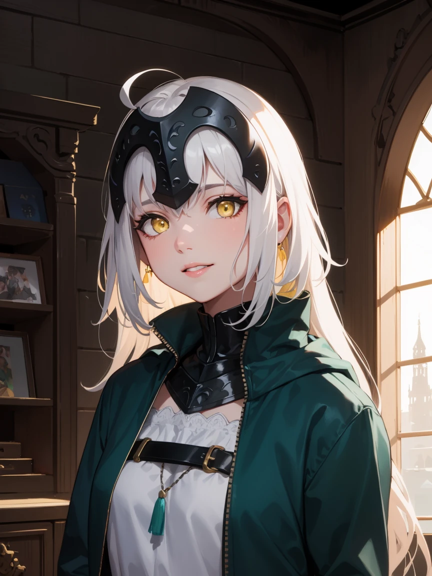 jalter, jalter, white hair, (yellow eyes:1.5), headpiece, ahoge, long hair, very long hair,
BREAK (blue and green jacket:1.2),
BREAK (((Highly detailed background, Complex background), Daytime, (guild, guild room, Quest Board, window, Road View, Medieval), , (Cute smile, Part your lips),)),
BREAK looking at viewer, BREAK (masterpiece:1.2), best quality, high resolution, unity 8k wallpaper, (illustration:0.8), (beautiful detailed eyes:1.6), extremely detailed face, perfect lighting, extremely detailed CG, (perfect hands, perfect anatomy),