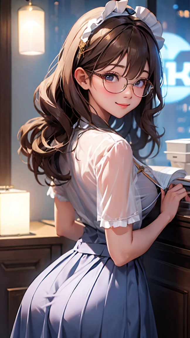  woman with glasses showing her butt、See-through underwear、Anis 、 long hair、 office、night、 shy smile、（blue: Sheer Skirt Maid Outfit、micro length skirt )、I have a vibrator in my butt