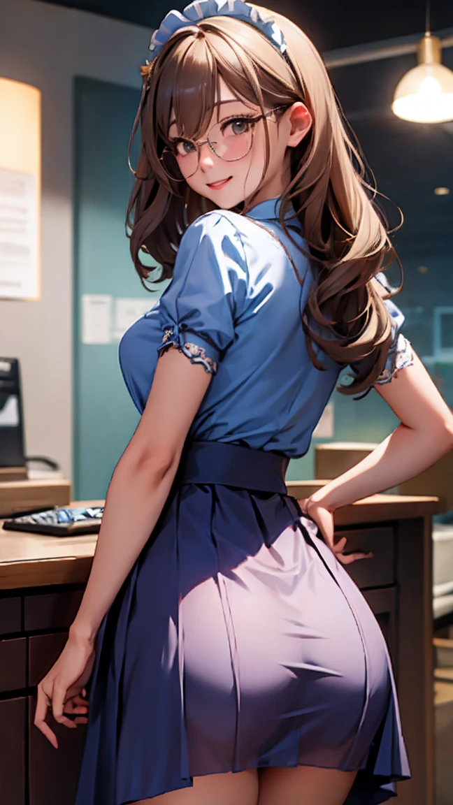  woman with glasses showing her butt、See-through underwear、Anis 、 long hair、 office、night、 shy smile、（blue: Sheer Skirt Maid Outfit、micro length skirt )、I have a vibrator in my butt