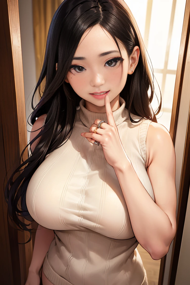 白い sleeveless sweaterを着た日本女性、 (((  Masterpiece  ))), (( top quality)), (( complex details)), (((超 realistic )),  perfect anatomy, wacky solution,Woman standing at the end of opening the door ,  accurate real face ,  very detailed,  realistic , 1 beautiful woman, ((Big Breasts)),   perfect hands, Finger detailing,   beautiful and delicate double eyelid eyes ,  long hair,  Brown Eyes ,( sleeveless sweater:1.2), White knit dress,  detailed background,,  perfect eyes, Captivating eyes,  watching the audience, Smile,small mole next to the eye 、 red lips,ring on the ring finger of the left hand, glossy black hair,Embarrassed laugh,