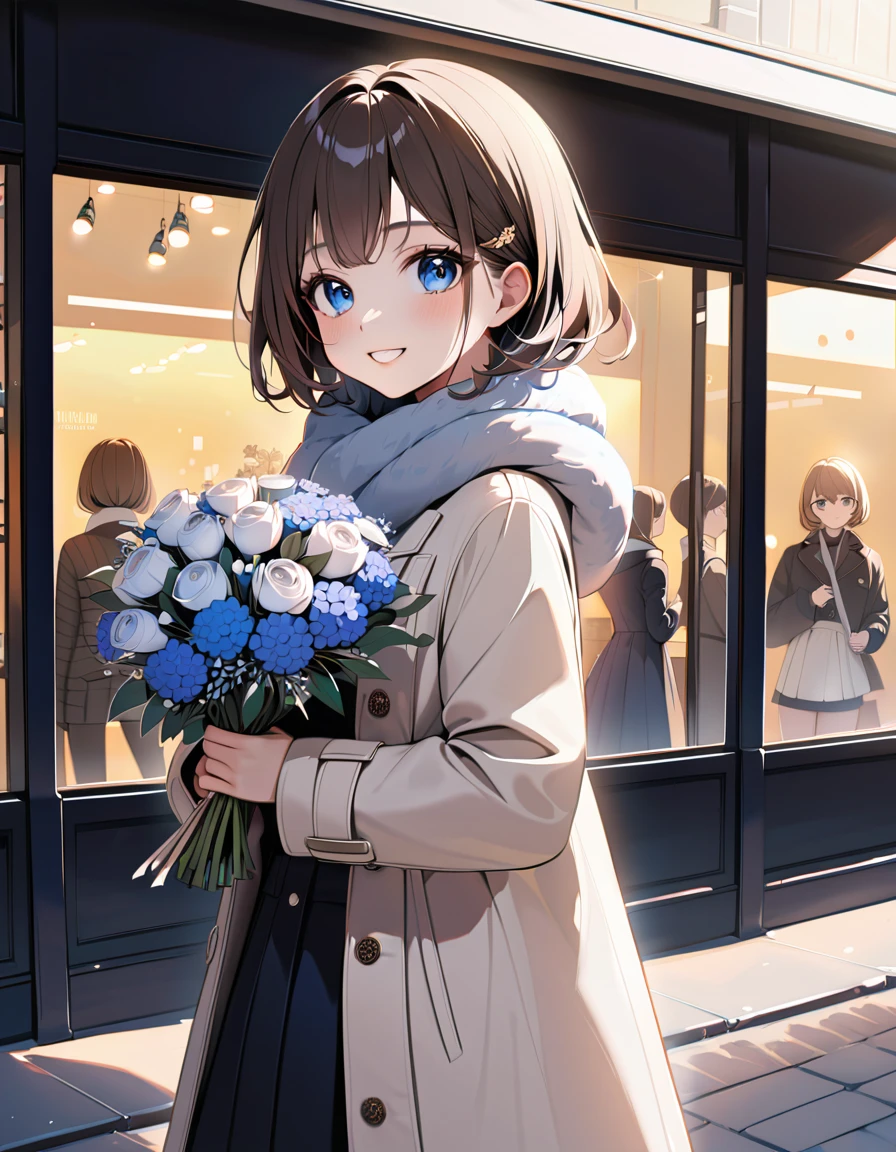 (In 8K, Best Quality, Master Piece: 1.2), Ultra High Resolution,1 girl,solo,16yo,ultra-detailed face,detailed eyes,gold eyes,mascara,short hair,brown hair,holding bouquet of winter flowers,holding Winter flower bouquet, Formal fashion,gray fur scarf,zip-up coat,skirt,cowboy shot,rim light,looking at the shop windowstanding in front of a shop window with clothes,from side,cute,cheerful smile,outdoors Department store