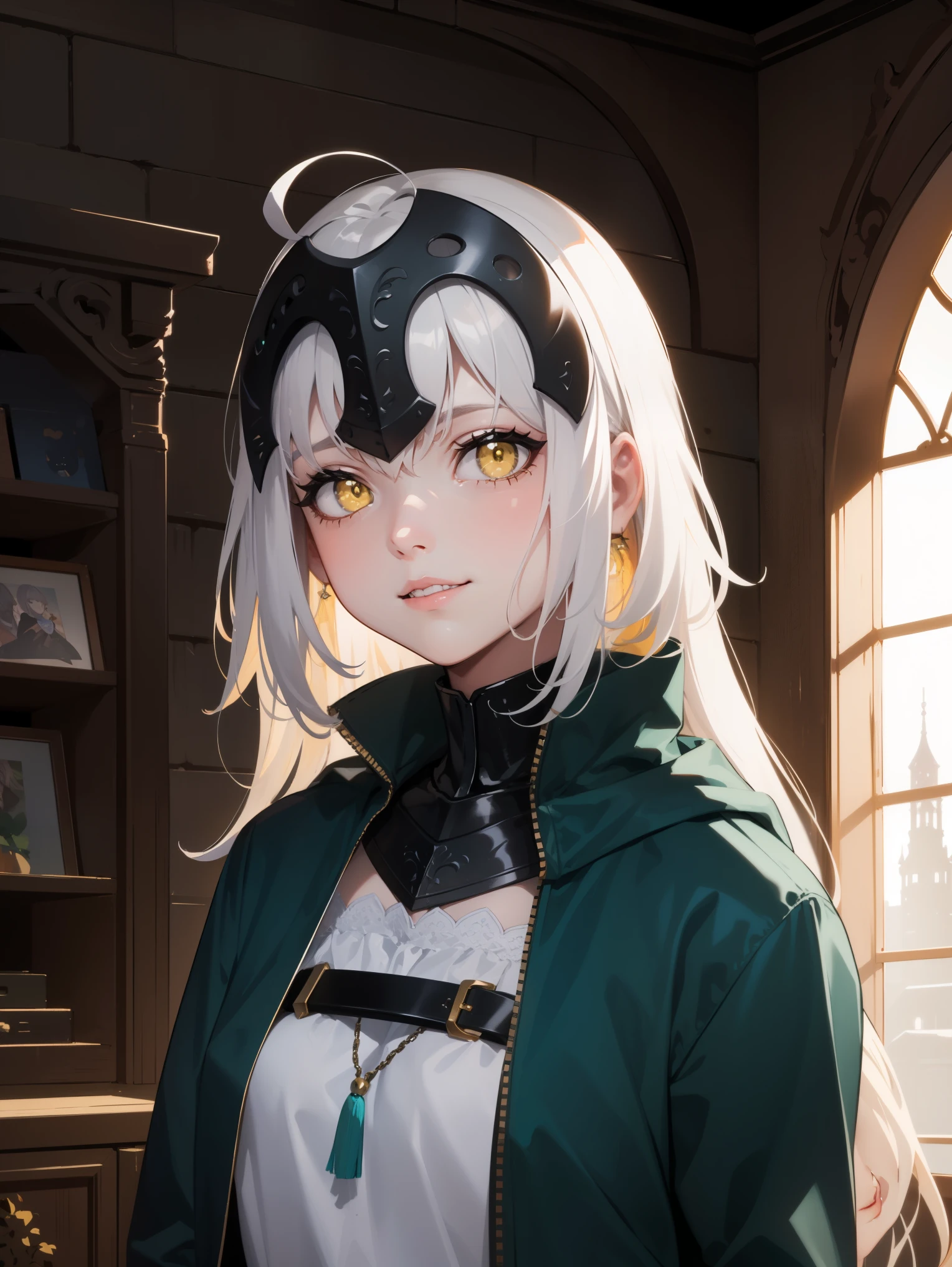 jalter, jalter, white hair, (yellow eyes:1.5), headpiece, ahoge, long hair, very long hair,
BREAK (blue and green jacket:1.2),
BREAK (((Highly detailed background, Complex background), Daytime, (guild, guild room, Quest Board, window, Road View, Medieval), , (Cute smile, Part your lips),)),
BREAK looking at viewer, BREAK (masterpiece:1.2), best quality, high resolution, unity 8k wallpaper, (illustration:0.8), (beautiful detailed eyes:1.6), extremely detailed face, perfect lighting, extremely detailed CG, (perfect hands, perfect anatomy),