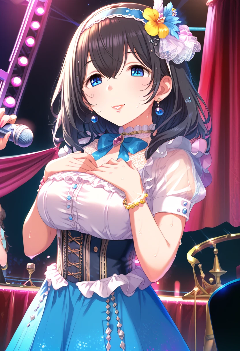  score_9,  score_8_up,  score_7_up,  source_Anime,evaluation_ objectionable ,  1 girl ,  cute woman, Alone,  IDOL CONCERT ,upper body, Kneel,,Imitation of a dick,(Place your arms over your chest:1.2),Chest Press,Grab your chest with both elbows,  stage,  colorful ,  sgswfmk,  long hair,  brown hair,  black hair , bangs,  hair between eyes ,  blue eyes,Highly detailed faces, ( huge breasts:1.3),  white hair band,  hair ornament ,  dress,( clevis:1.2), microphone between  clevis, corset, Bubble Skirt,  knee-high,  boots, smile,sweat,lipstick,  very detailed eyes,  eyelash ,  eyeliner , gem,  Necklaces ,  bracelet ,  earrings for a woman alone, highlight cleavage