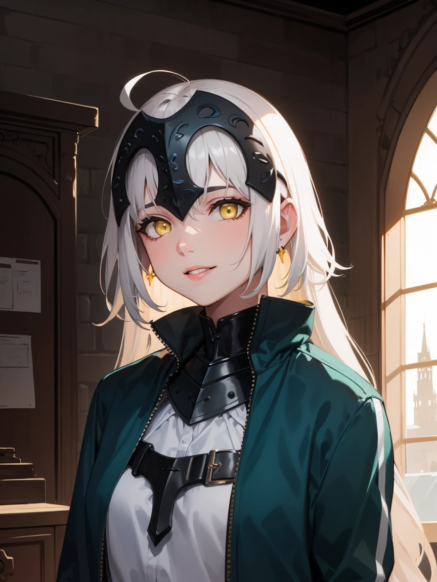 jalter, jalter, white hair, (yellow eyes:1.5), headpiece, ahoge, long hair, very long hair,
BREAK (blue and green jacket:1.2),
BREAK (((Highly detailed background, Complex background), Daytime, (guild, guild room, Quest Board, window, Road View, Medieval), , (Cute smile, Part your lips),)),
BREAK (masterpiece:1.2), best quality, high resolution, unity 8k wallpaper, (illustration:0.8), (beautiful detailed eyes:1.6), extremely detailed face, perfect lighting, extremely detailed CG, (perfect hands, perfect anatomy),