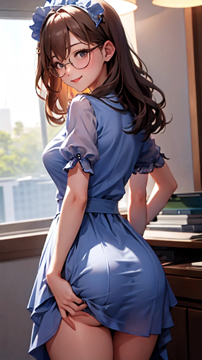  woman with glasses showing her butt、See-through underwear、Anis 、 long hair、 office、night、 shy smile、（blue: Sheer Skirt Maid Outfit、micro length skirt )、I have a vibrator in my butt