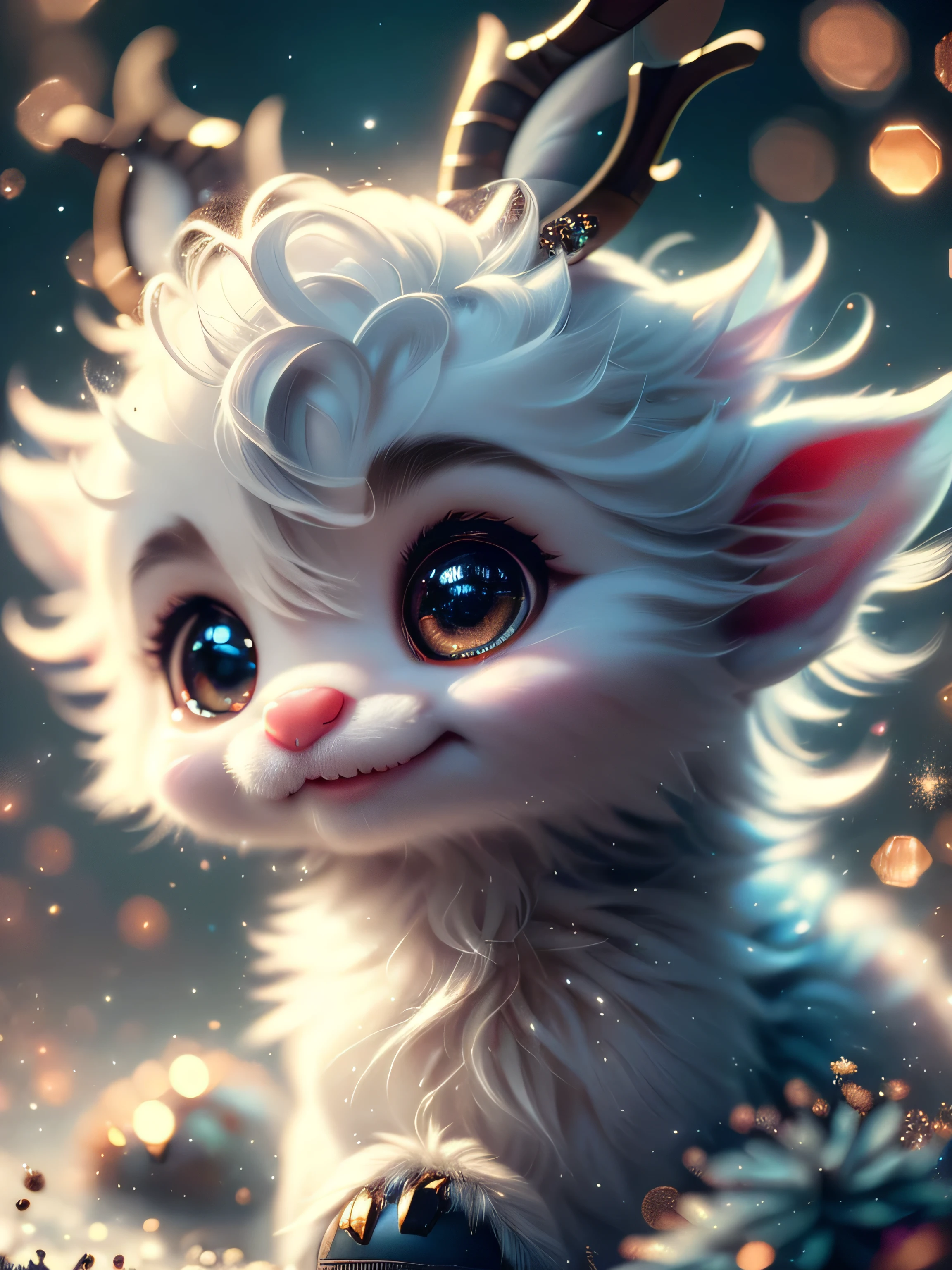 Magical Fantasy Creature, (Best Quality, Masterpiece, Representative Work, Official Art, Professional, Super Detailed, 8k:1.3), (Photorealism:1.2) Super Cute, Big Eyes, Soft, Soft Nose, Fluffy, Double-Toothed Smile, Aurorastyle, Highly detailed Dynamic shot of majestic adorable  reindeer, high quality, beautiful masterpiece, fantasy creature, kawaii, digital art, glowing sparkles, Realistic, Beautiful, Stars in Eyes, Soft Volumetric Light, (Backlight:1.3), (Cinematic:1.2), Intricate Details, (ArtStation:1.3), --auto --s2