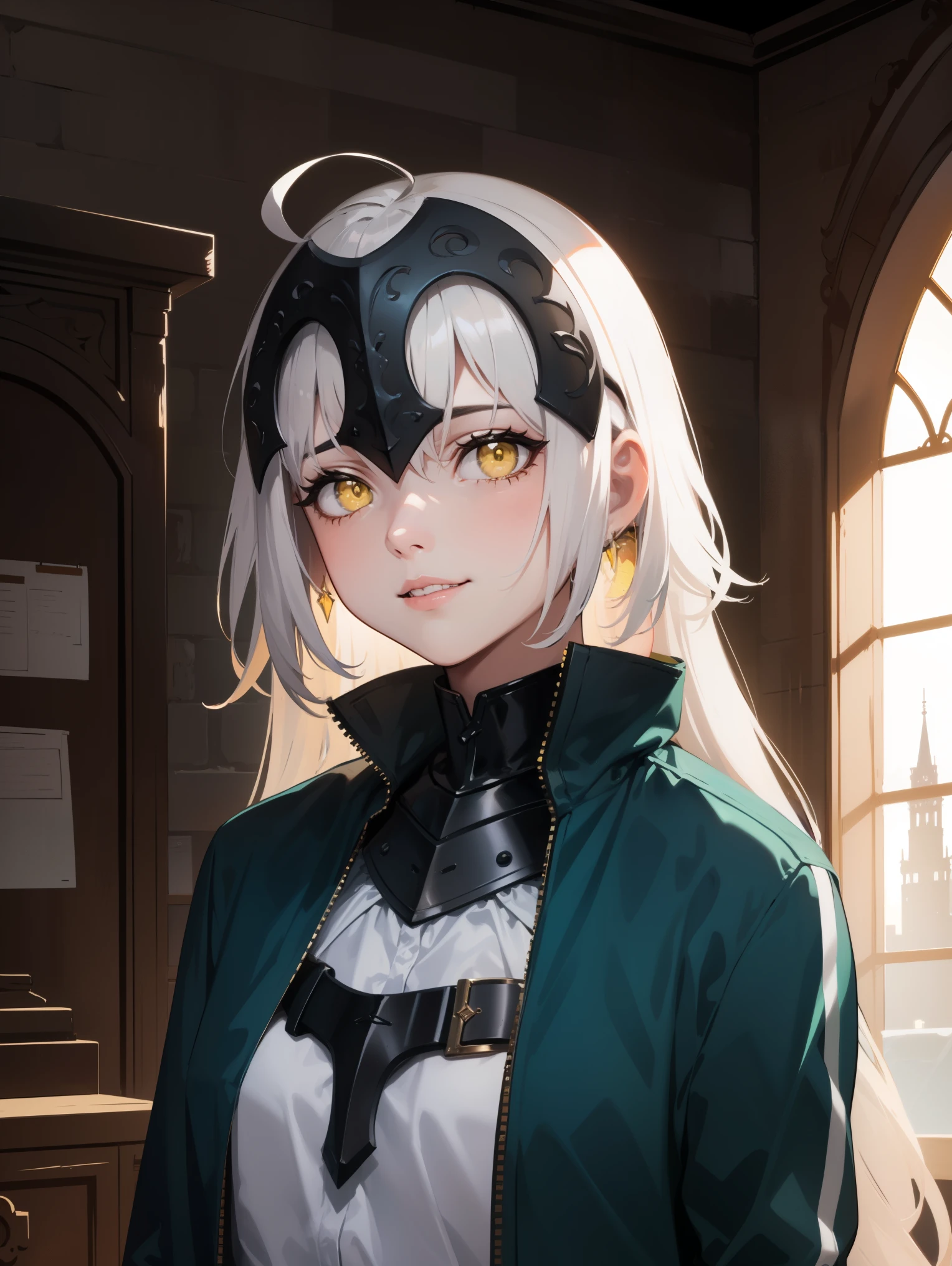 jalter, jalter, white hair, (yellow eyes:1.5), headpiece, ahoge, long hair, very long hair,
BREAK (blue and green jacket:1.2),
BREAK (((Highly detailed background, Complex background), Daytime, (guild, guild room, Quest Board, window, Road View, Medieval), , (Cute smile, Part your lips),)),
BREAK (masterpiece:1.2), best quality, high resolution, unity 8k wallpaper, (illustration:0.8), (beautiful detailed eyes:1.6), extremely detailed face, perfect lighting, extremely detailed CG, (perfect hands, perfect anatomy),