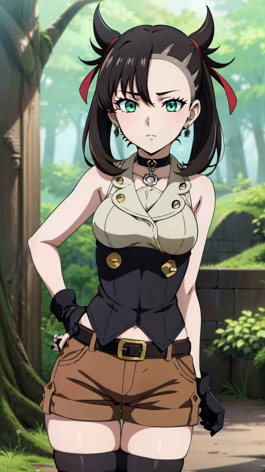 Marnie Pokemon, Marnie \(Pokemon\), blue-green eyes, green eyes, black hair, medium hair, asymmetrical bangs, black choker, red hair ribbon, earrings, black nail polish, medium breasted, (masterpiece, highest quality, highly detailed, 8k:1.2),Perfect eyes, detailed eyes, 
Ecchi anime style, anime girl, Ecchi style, digital anime art, anime style, official artwork, visual novel CG, beautiful anime girl, anime style 4K, (1girl, black gloves, brown shorts, green thigh highs, short shorts, belt, forest),