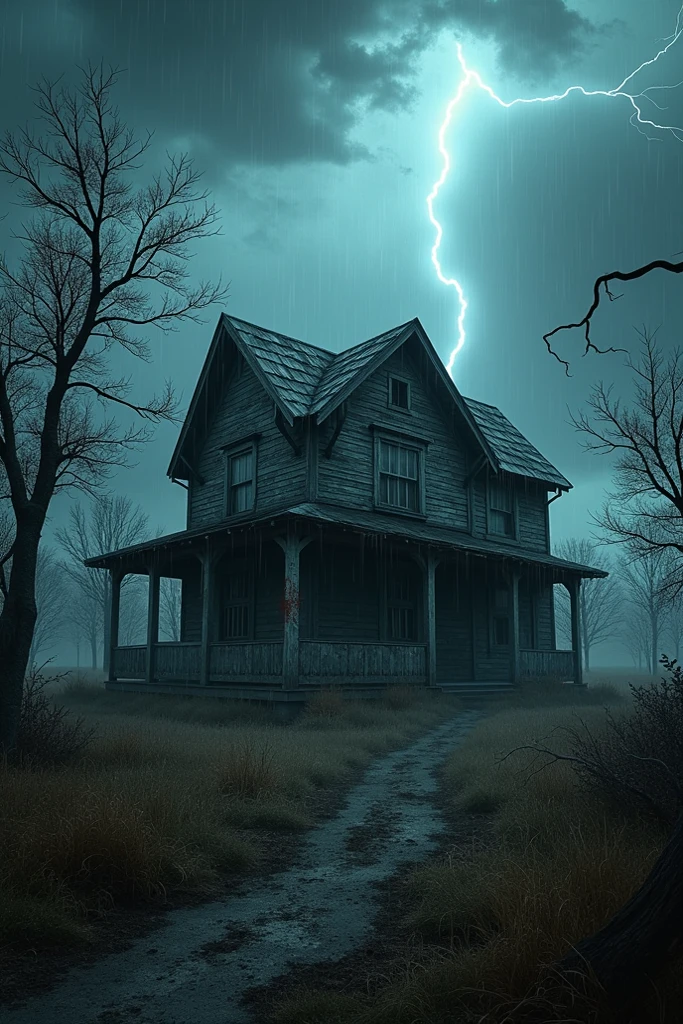 Image of an old house amid heavy rain and lightning in the sky - SeaArt AI