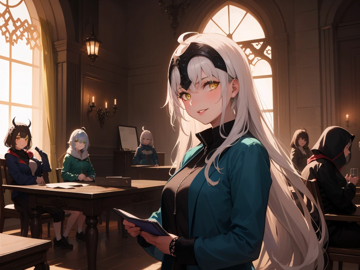 ((5 girls:1.5)), jalter, white hair, (yellow eyes:1.5), headpiece, ahoge, long hair, very long hair,
BREAK (blue and green jacket:1.2),
BREAK (((Highly detailed background, Complex background), Daytime, (guild, guild room, Quest Board, window, Road View, Medieval), , (Cute smile, Part your lips),)),
BREAK (masterpiece:1.2), best quality, high resolution, unity 8k wallpaper, (illustration:0.8), (beautiful detailed eyes:1.6), extremely detailed face, perfect lighting, extremely detailed CG, (perfect hands, perfect anatomy),